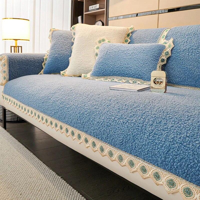 

Современный однотонный кружевной чехол для дивана из овечьей шерсти, утепленный осенне-зимний чехол для дивана, универсальный противоскользящий чехол для дивана для гостиной 70x70cm 1pcs