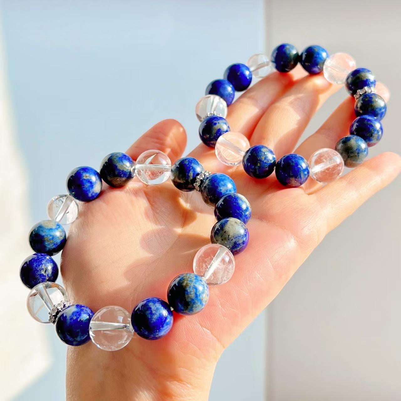Vintage Design 12Mm Natural Lapis Lazuli White Crystal Bracelet Bracelet.