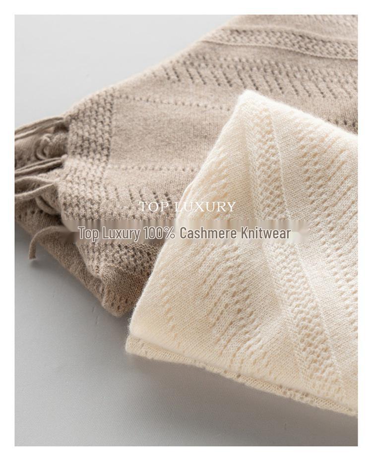 100% Cashmere Hollow Triangle Shawl Scarf - Stylish, Versatile, Warm with Tassels
