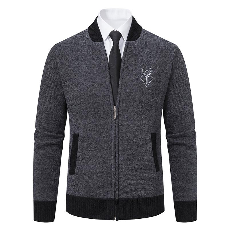 Autumn and Winter Casual Knitted Cardigan Plus Velvet Thickened Men's Baseball Collar Jacket Trendy Sweater Wear