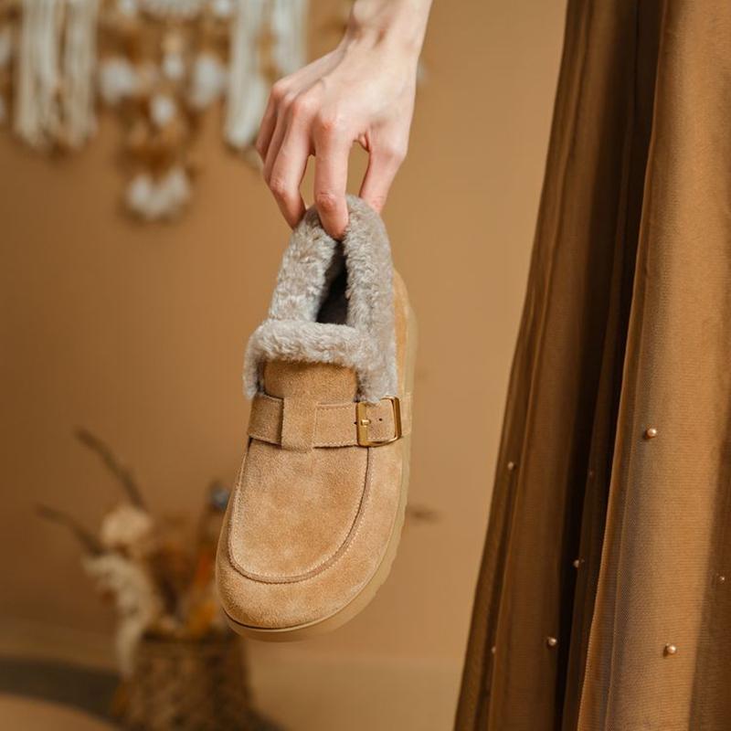Fashion NEW Winter Women Pumps Round Toe Flat Heel Shoes Cow Suede Leather Shoes Women Slip-on Belt Buckle Shoes Warm Wool Women Loafers