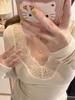 Women's Autumn/Winter Apricot Lace Trim Slim-Fit V-Neck T-Shirt