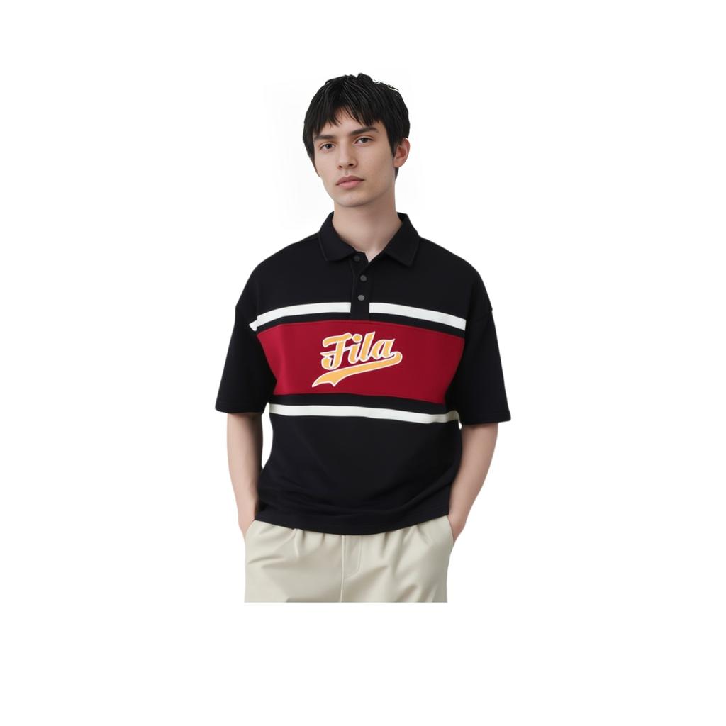 Fila Logo Muster Pullover Locker Kurzarm Poloshirt Herren Oberteile Schwarz T11M432110ABK