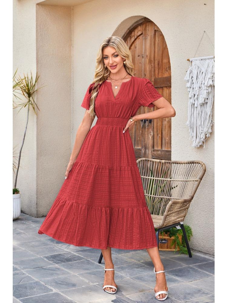Short Sleeve V-Neck Tiered Ruffle Hem Midi Dress
