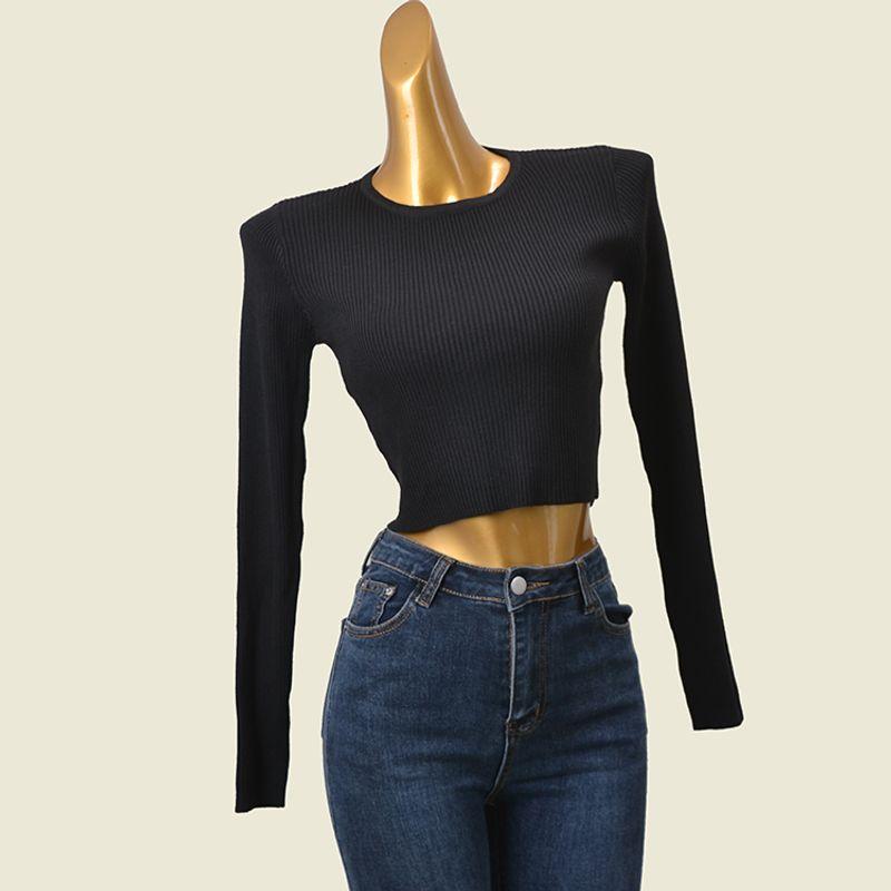 

Simple round Neck Long sleeve Knit Western Style Fashion High waist shorts Sunken Stripe High Elastic Foreign Trade Base Top Black XL