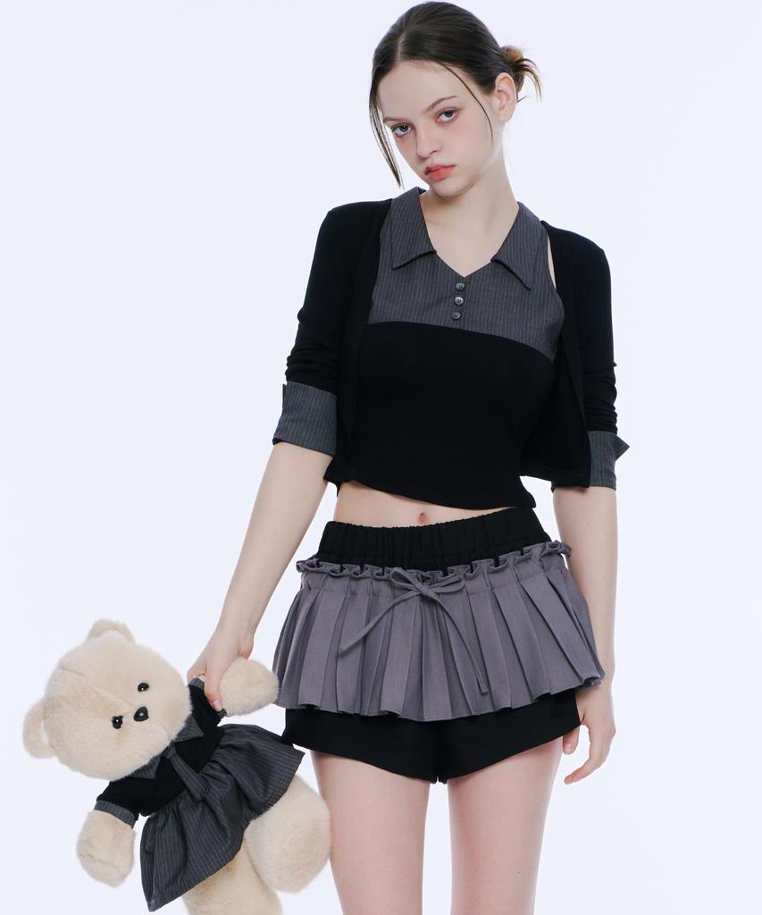 Akeumeseodeu Frill Pleated Skirt Pants (Gray & Black)