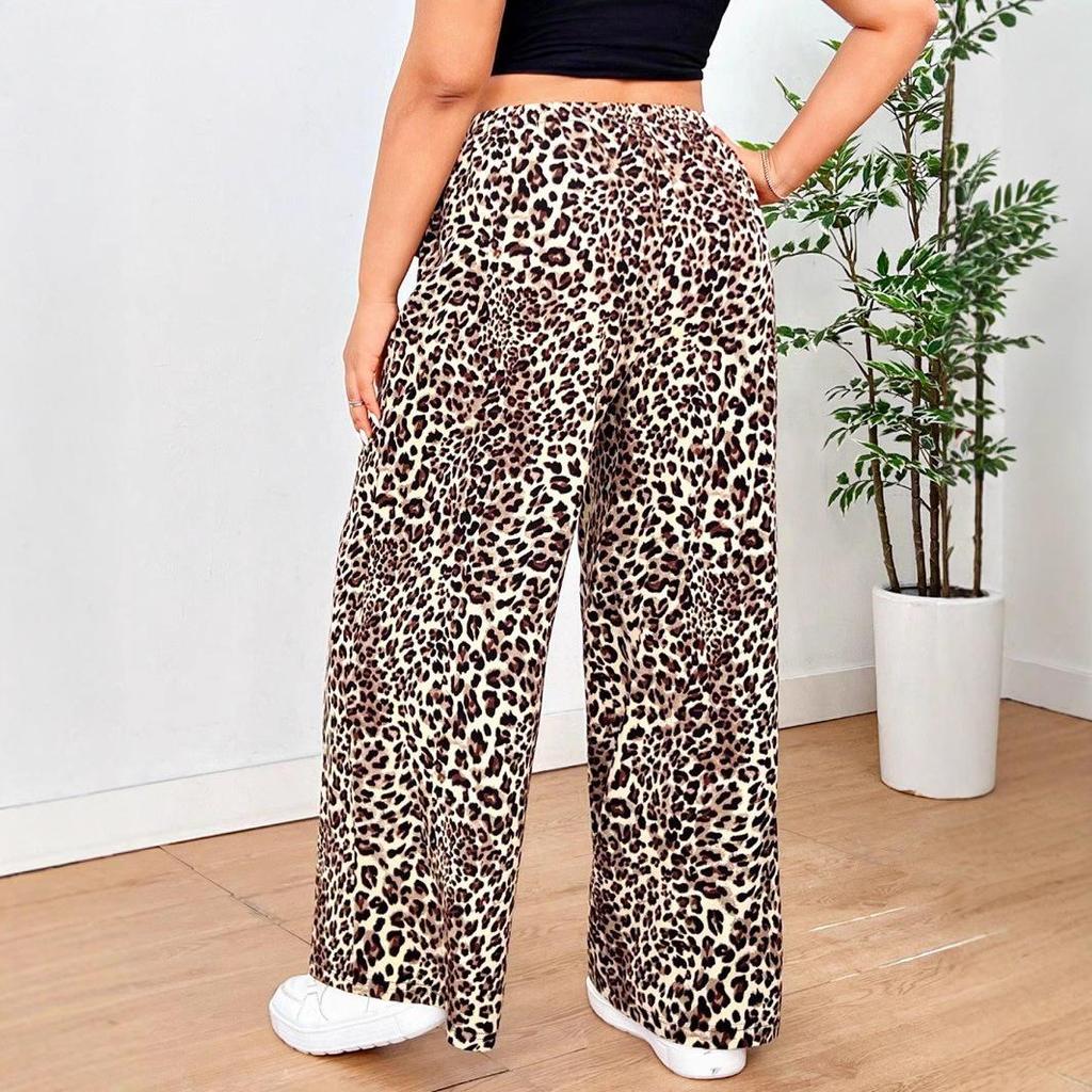 Plus Size Women's Leopard Print Straight-Leg Pants for Autumn and Winter