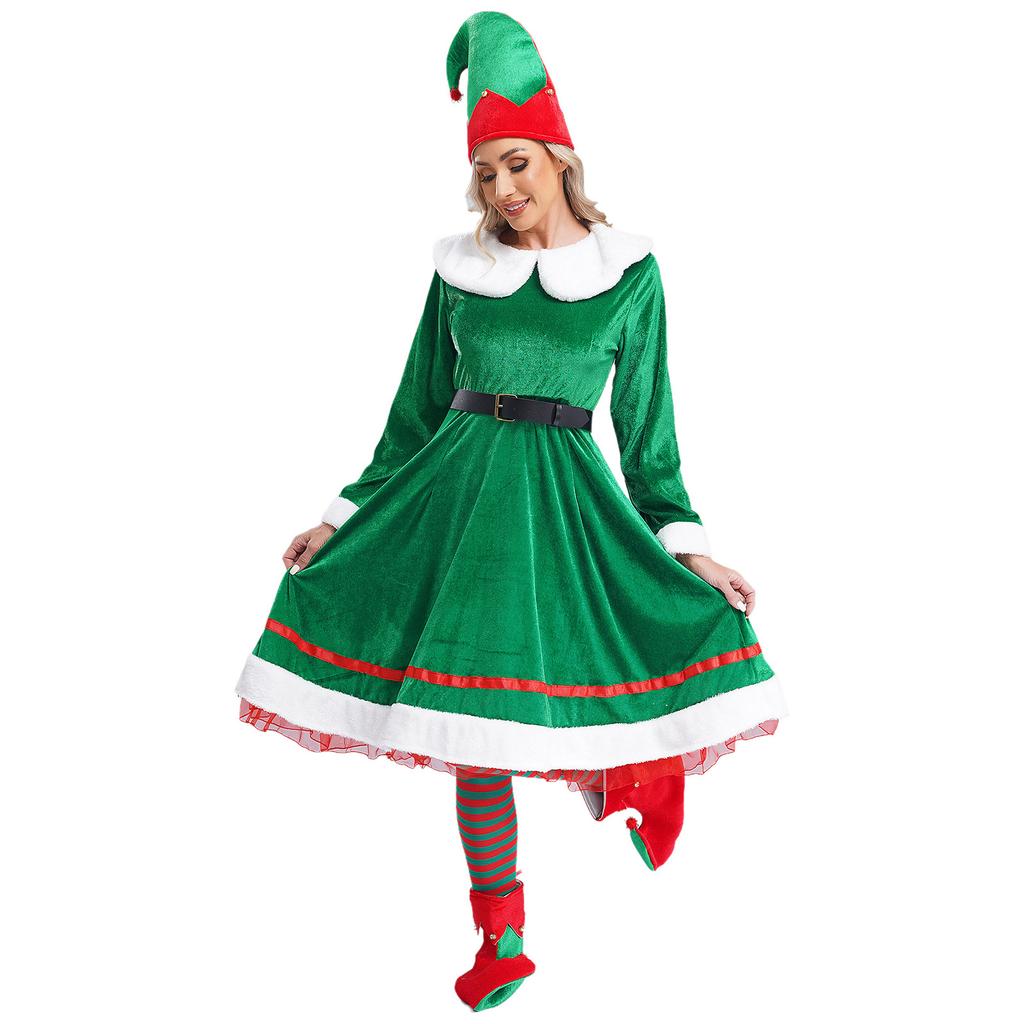 Womens Christmas Elf Costume Tinkle Bell Flannel Dress Belt Hat Striped Stockings Shoes Cosplay Set
