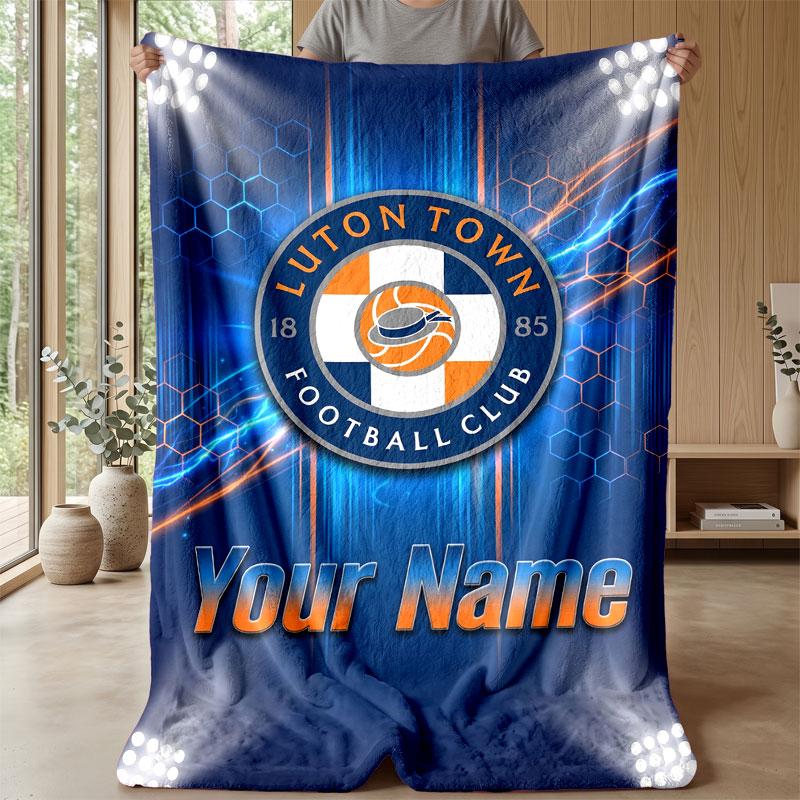 Luton Town Custom Name Text Flannel Blanket Soccer Logo Personalized Fleece Throw Blanket Special Gift For Sofa Bedroom Home