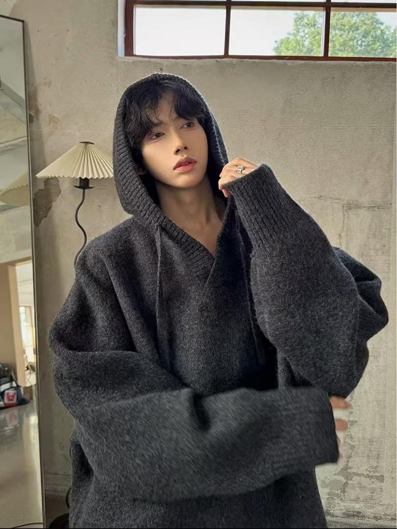 

Мужской серый кардиган из шерсти с капюшоном - осенне-зимний свитер в корейском ретро-стиле M темно-серого