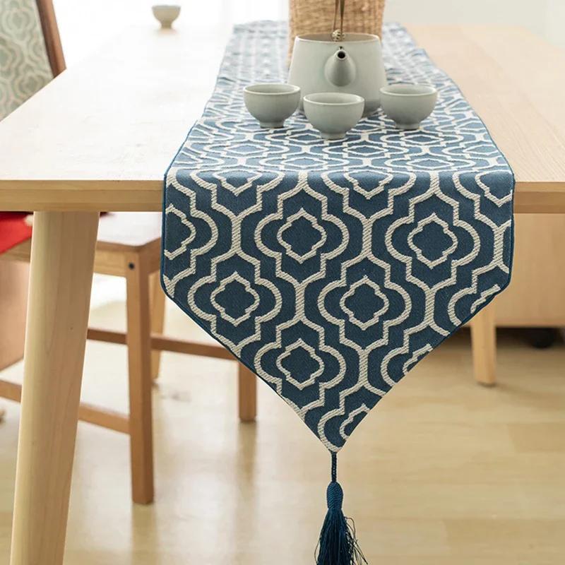 Elegant Jacquard Turquoise Cotton Linen Table Runner with Tassels Dresser Scarf for Home Party Wedding Dining Table Decor