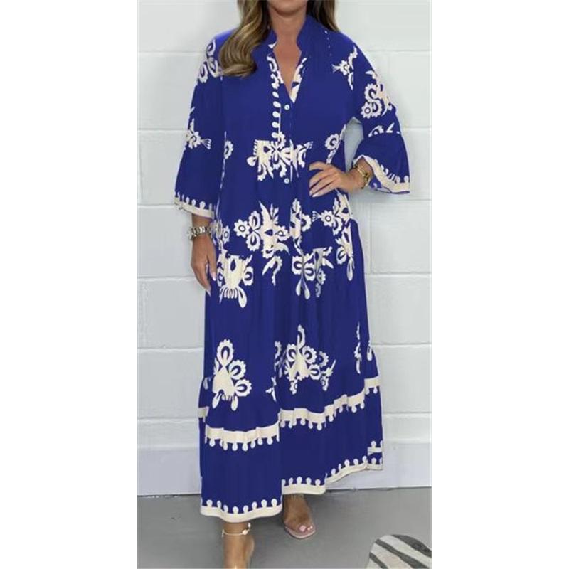 European And American Style Ladies Summer Long-sleeved Collar Large Size Loose New Style Elegant Printed Stand-up Collar Waist Dress