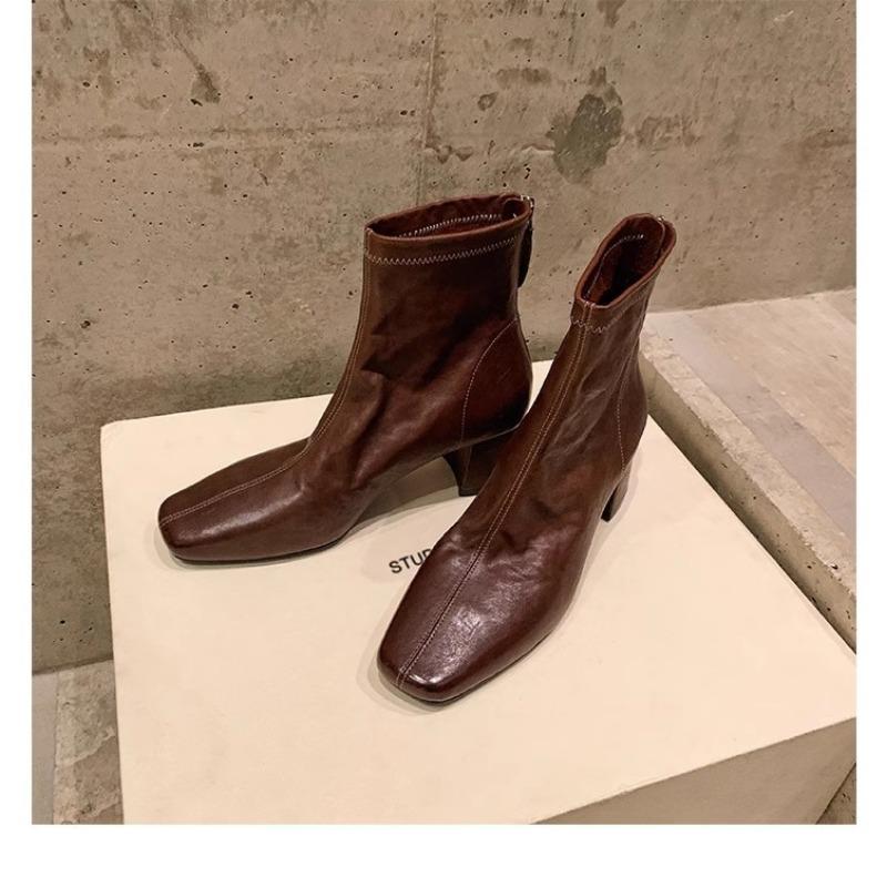 Super Soft Sheepskin Square Head Thick Heel Rear Zipper High Heel Bare Boots Martin Boots Women's Thin Short Boots