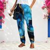 Women Plus Size Loose Straight Leg Long Pants Blue Gold Marble Printed With Pockets