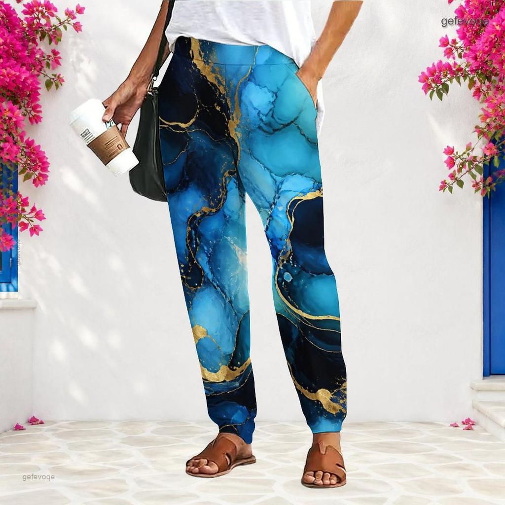 Women Plus Size Loose Straight Leg Long Pants Blue Gold Marble Printed With Pockets