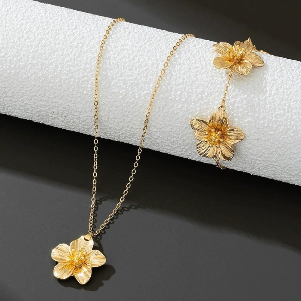 Zinc Zinc Alloy Flower Jewelry Set Geometric Women Jewelry Suit Sweet Necklace Earrings Bracelet Set  Wedding