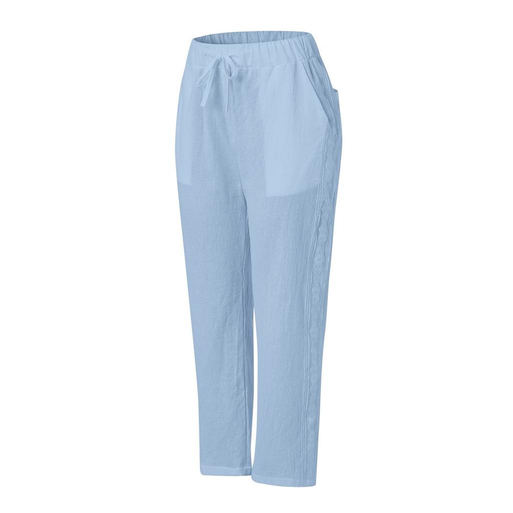 Women's Fashion Baggy Pants With Pocket Slim Breathable Lace Edge Color Retro Casual Pants