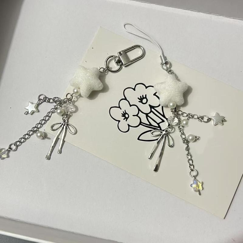 Plastic Flocking Bowknot Phone Strap Adjustable Beaded Charm Elegant Phone Lanyard Suitable Most Mobile Phones