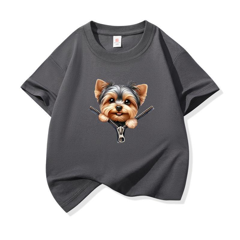 Kids Cotton T Shirt Sweet Yorkshire Terrier Dog Zipper Print Crew Neck Short Sleeve Tee Casual Breathable Boys Girls Summer Tops