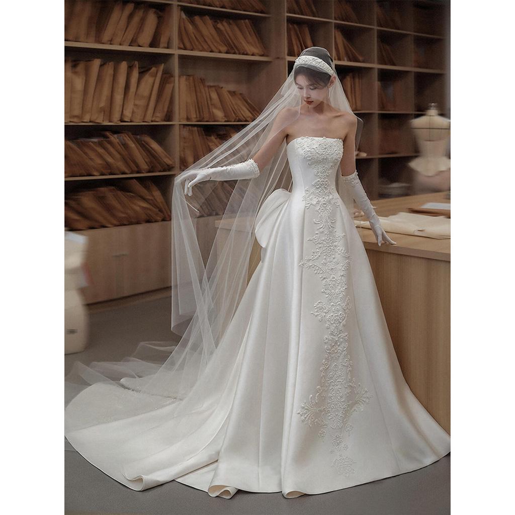 Satin light wedding dress, small bride tube top, welcome door yarn temperament light luxury wedding small trailing dress skirt