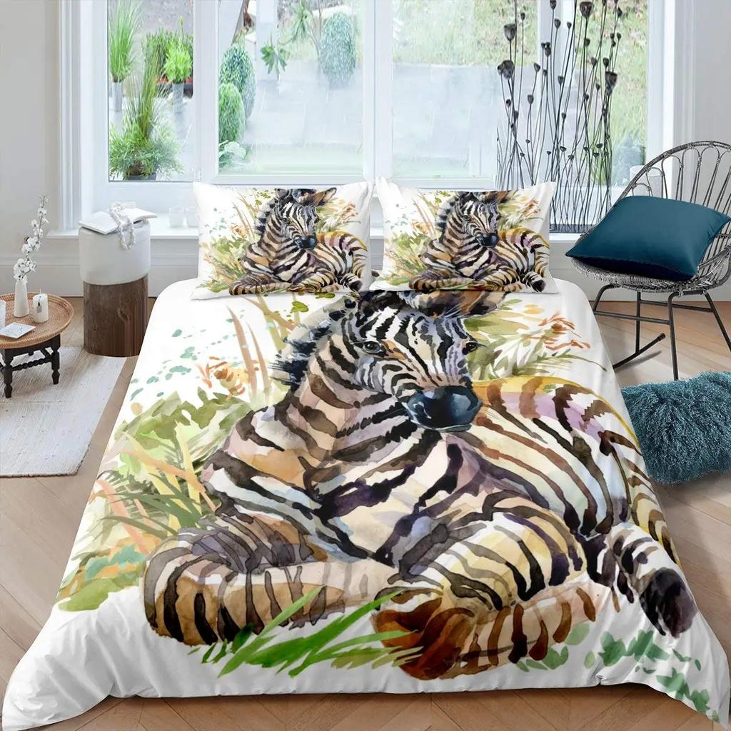 Zebra King Queen Duvet Cover Colorful Animal Bedding Set For Teens Adults Savanna Creatures Black 2/3Pcs Polyester Quilt Cover