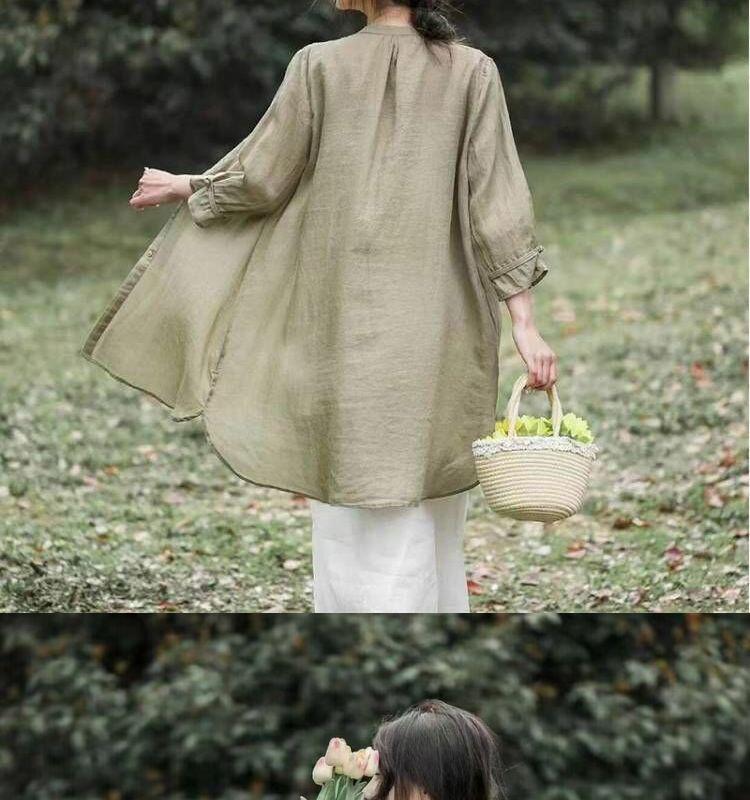 Women's 2024 Retro Embroidered Cotton Linen Stand Collar Mid-Length Shirt-Coat