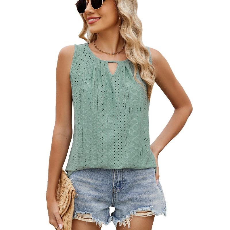 Women's New Spring and Summer Round Neck Hollow Pleated Vest Sleeveless Top T-shirt