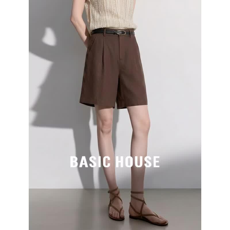 Basic House Women s 100% Linen Wide-Leg Shorts L кофейный