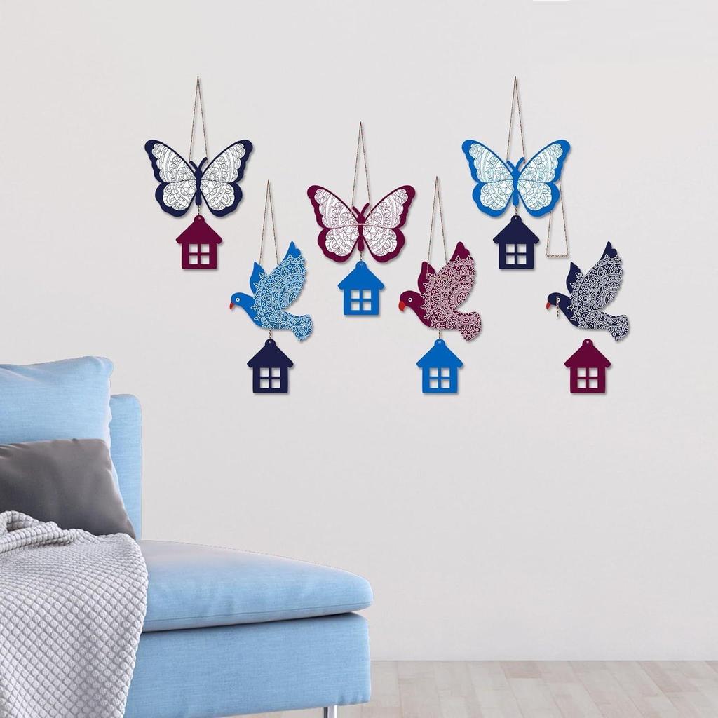 Multicolored Birds & Butterfly Wooden Wall Hanging for Home Decoration | Garden Balcony | Office | Cafe | Decorative Door Hanging (Pack of 6)
