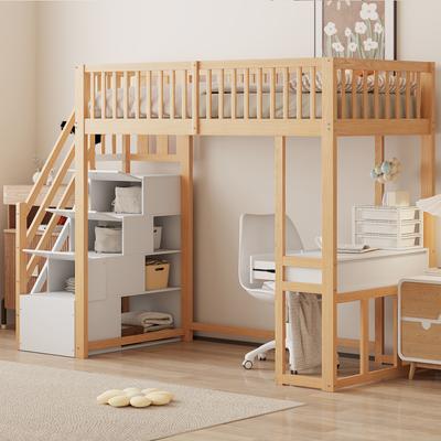 90x200 Hoogslaper met Multifunctionele Tafel, Veilige Opbergtrap, Bedframe Gemaakt van Massief Grenenhout voor Kinderen en Tieners Wit
