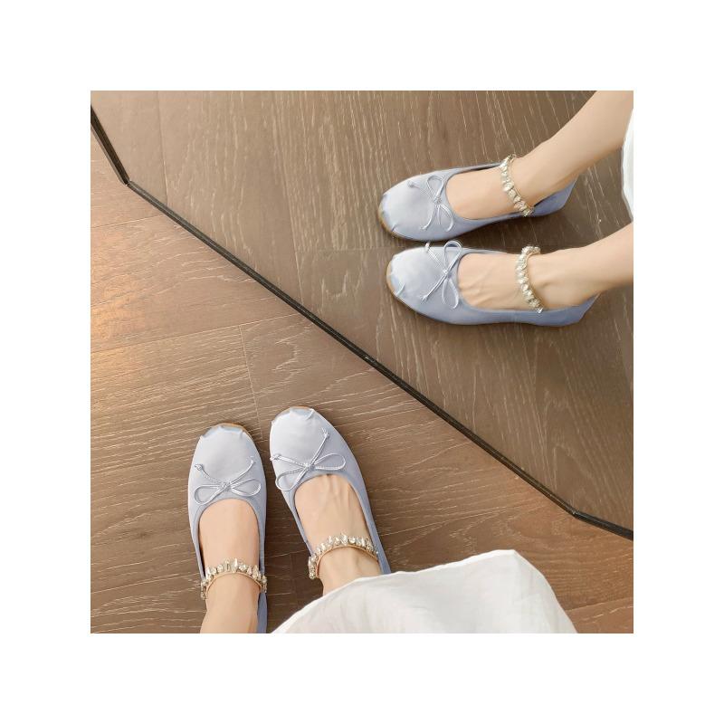 ~ Diamond strap sheepskin bow single shoes round head ballet Mary Jane shoes