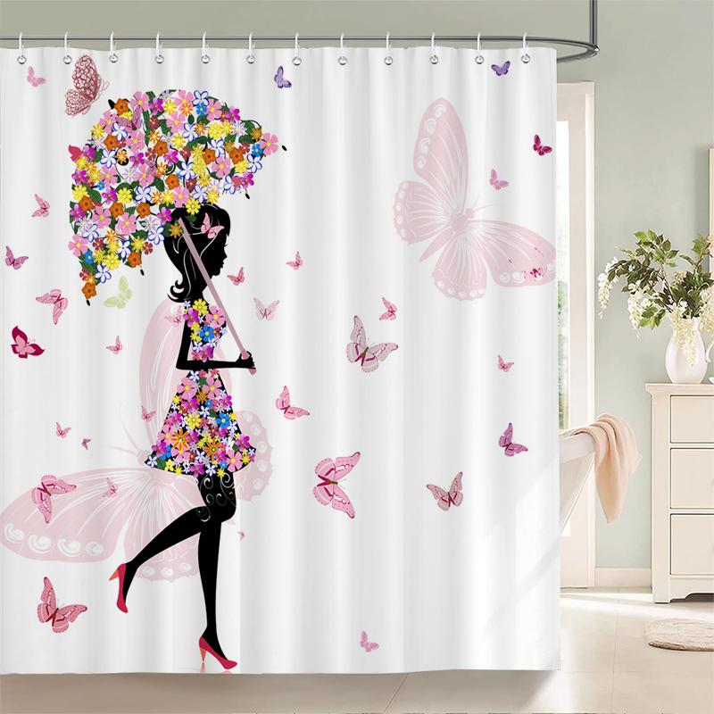 Flower Butterfly Girl Shower Curtain Waterproof Bathroom Lovely Woman Fairy Shower Curtain Polyester Cloth Home Decor Hook