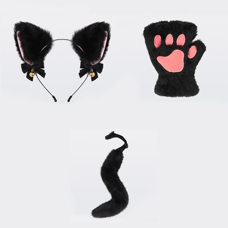 3Pcs Halloween Cats Costume Set for Girl Cosplay, Halloween Cats Costume Accessories with Headband, Tail, Gloves