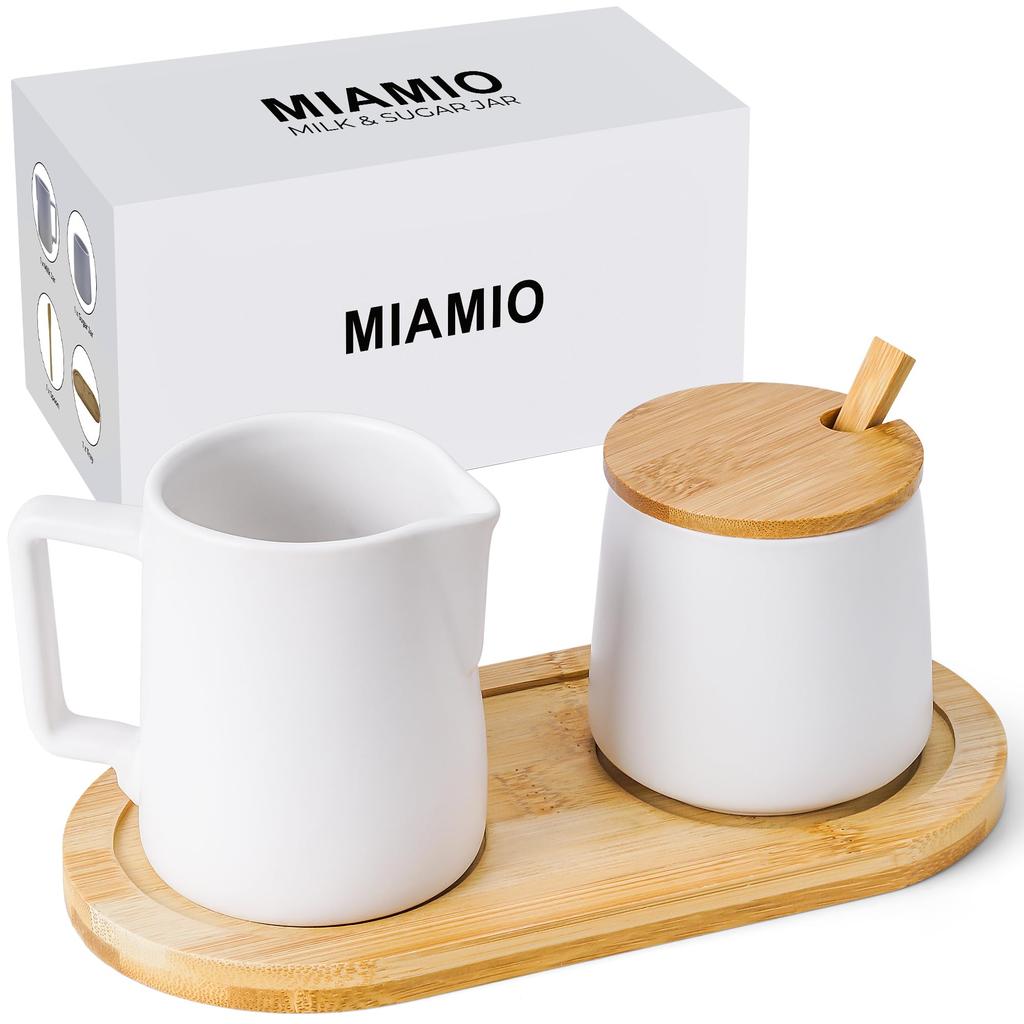 MIAMIO - Sugar & Cream Serving Set with Lid and SpoonCeramic Coffee Bar Accessory - Microwave & Dishwasher Safe (White)