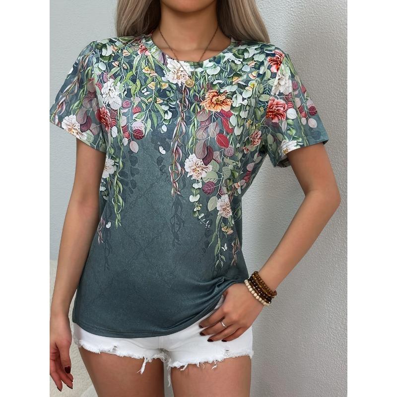 Women's Summer Casual Round Neck Short Sleeve Floral Pattern Top Wear Ladies T-shirt Mother's Day Gift