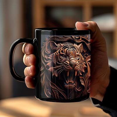 Roaring Wooden Texture Tiger Pattern Coffee Mug Black Ceramic Mug Boy Friend Birthday Gift Father Home Tea Cup