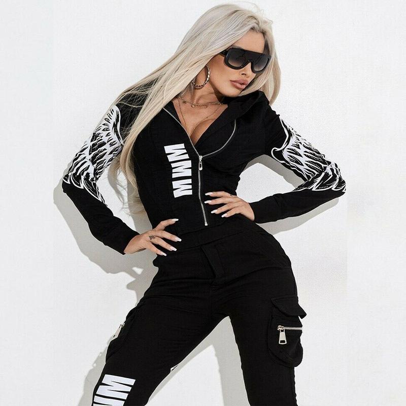 

Осінньо-зимовий новий модний сексуальний жіночий костюм з принтом на блискавці та капюшоном, вуличний повсякденний костюм XL чорний