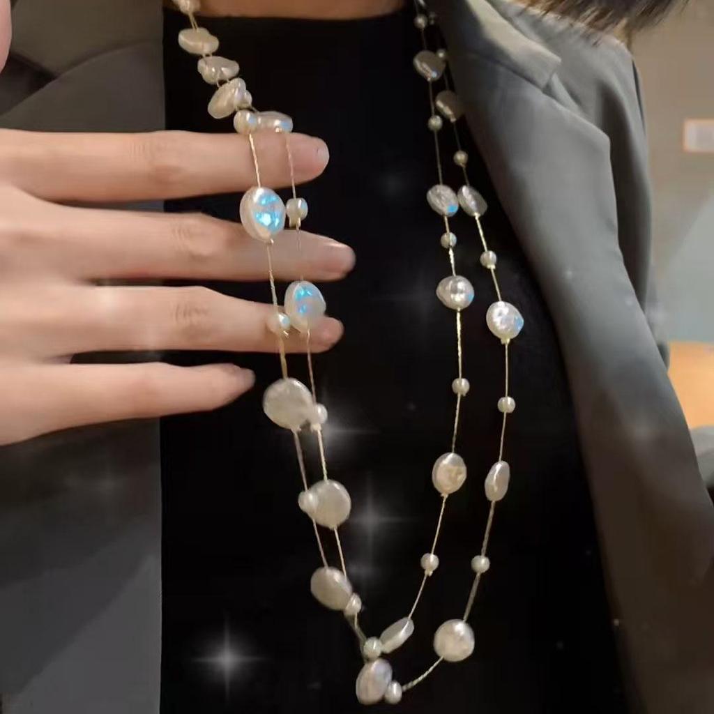 French Pearl Layered Sweater Chain: Women's High-End Starry Necklace for Chic Style