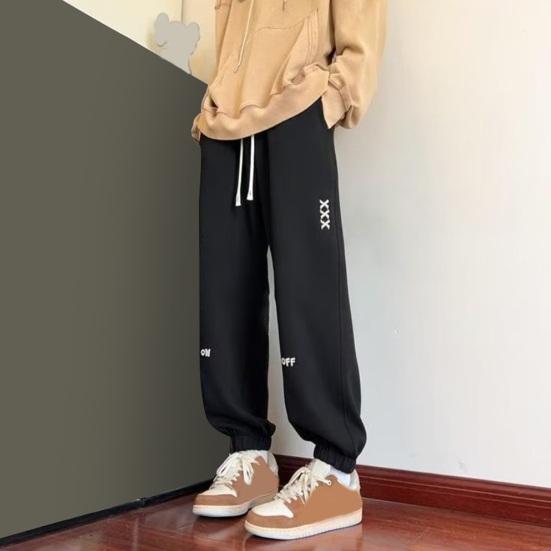 Spring Fall Men Sport Pants Loose Drawstring Elastic Waist Pockets Ankle-banded Letter Embroidery Exercise Trousers Daily Wear Sweatpants