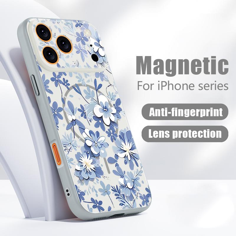 Magnetic For Magsafe Case For iPhone 17 Pro Max Blue and White Flowers Pattern Skin Feeling Cover For iPhone 16 15 14 13 Pro Max