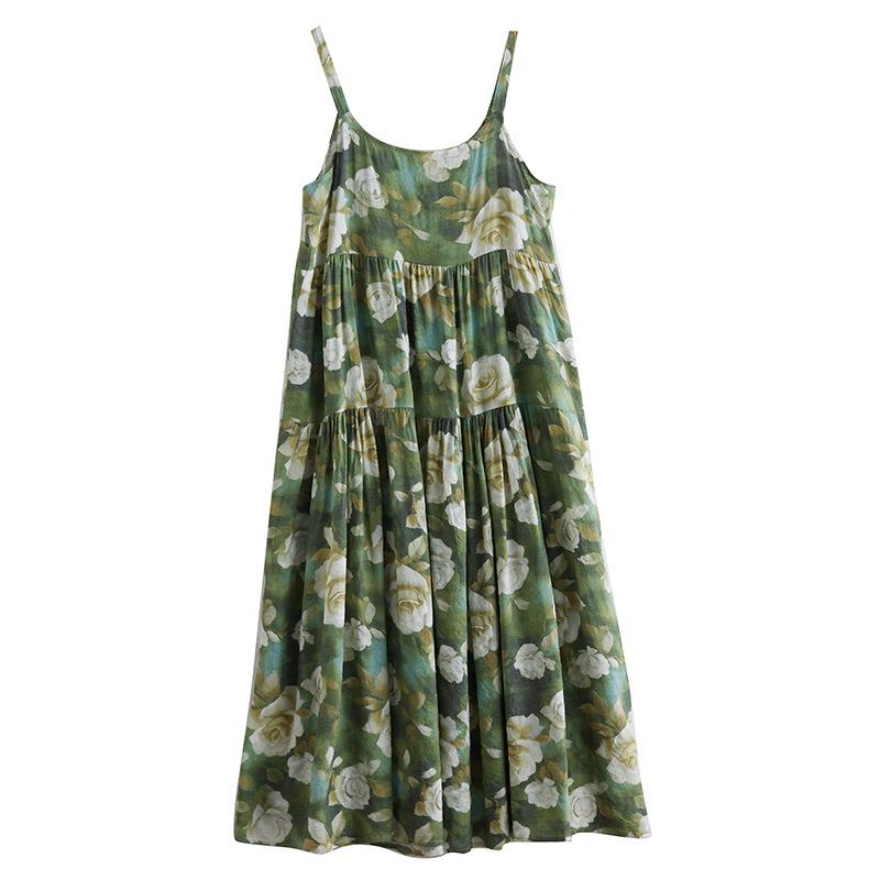 2025 Summer Cotton Linen Patchwork Long Dress with Large Hem and Slimming Fit