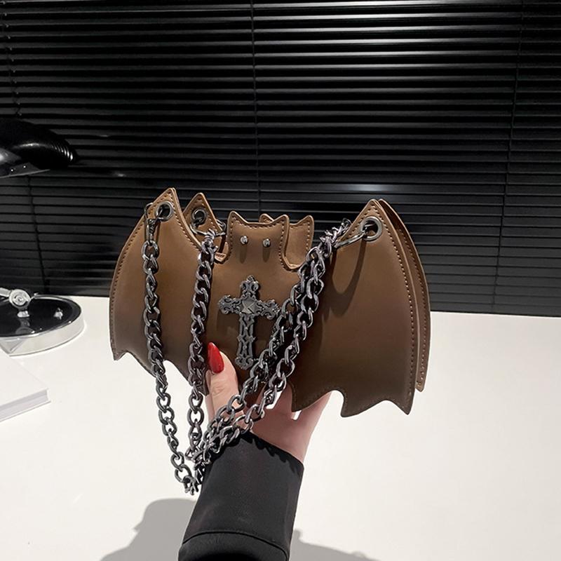 Gothic Style Bat & Skull PU Leather Shoulder Bag Vintage Solid Color Crossbody Bag with Adjustable Chain Strap for Outings, and Everyday Use