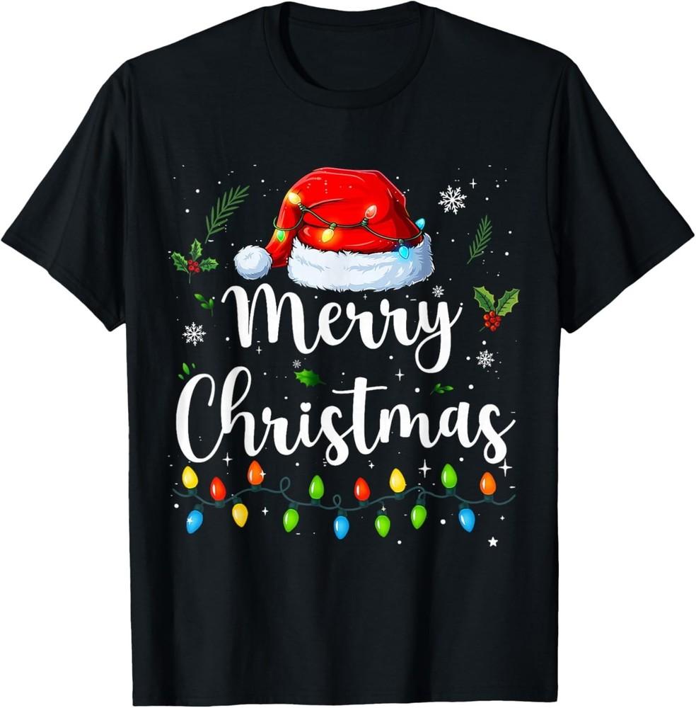 Merry Christmas Lights Santa Hat Xmas Family Matching Pajama T-Shirt S