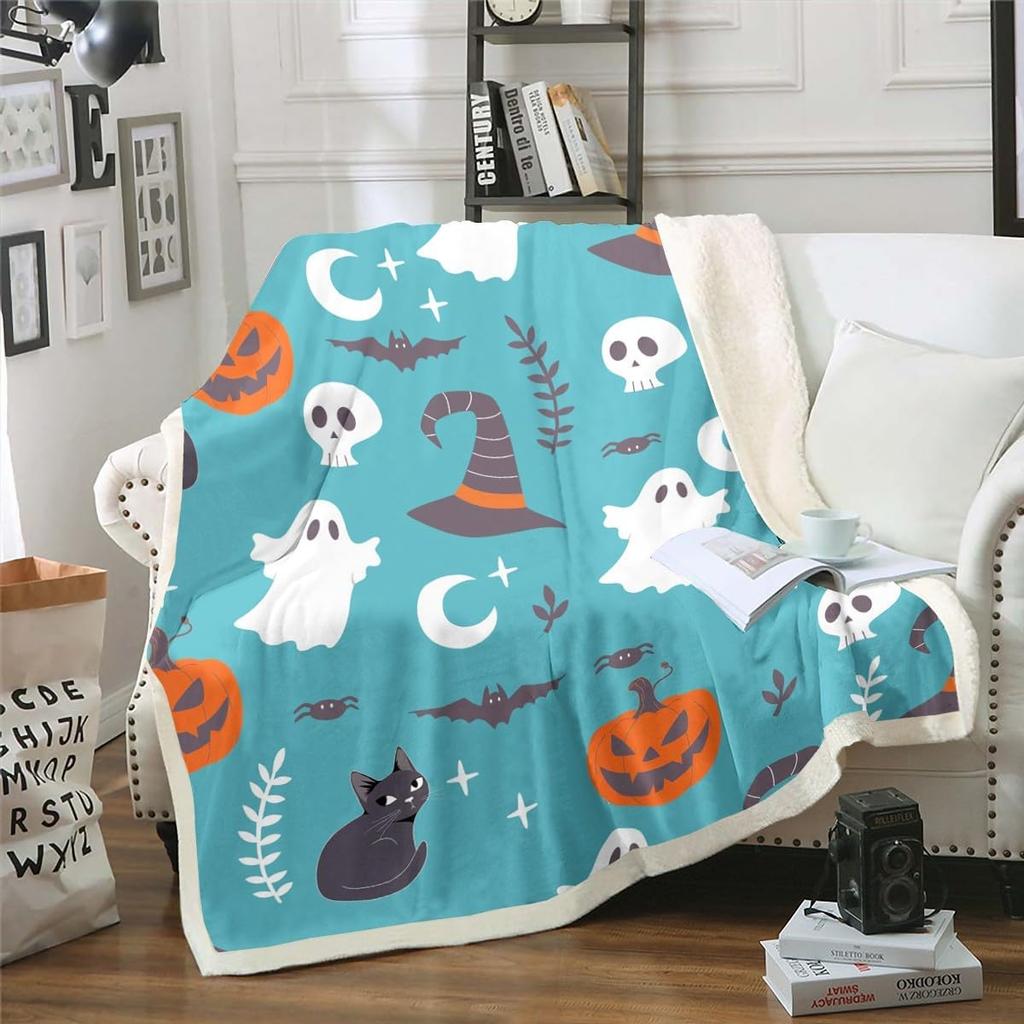 Halloween Ghost Blanket Soft Fleece Throw Pumpkin Spider Web Design Home Decor Party Gift Kids Room