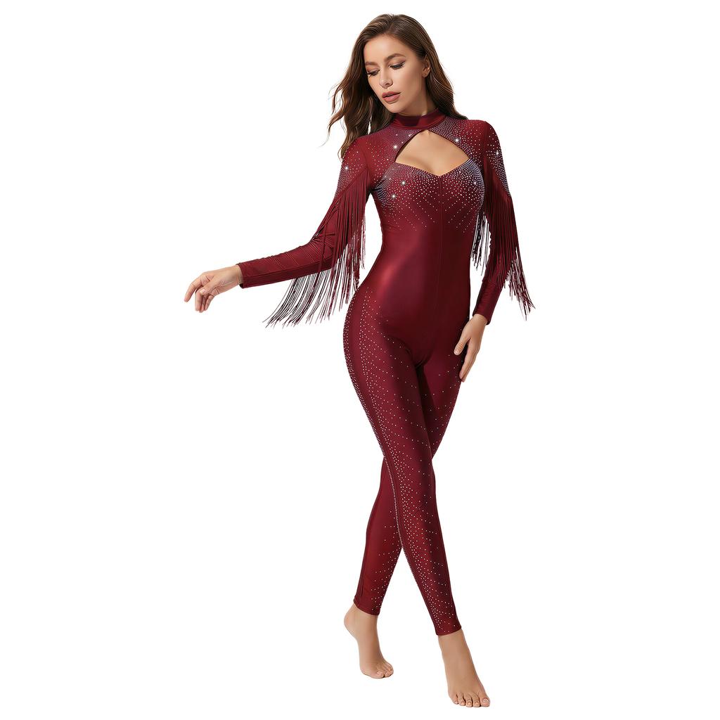 Damen Eiskunstlauf Tanzkleidung S-XXL Strassverzierter Langarm-Jumpsuit mit Quasten vorne und rückenfreiem Design für Gymnastik