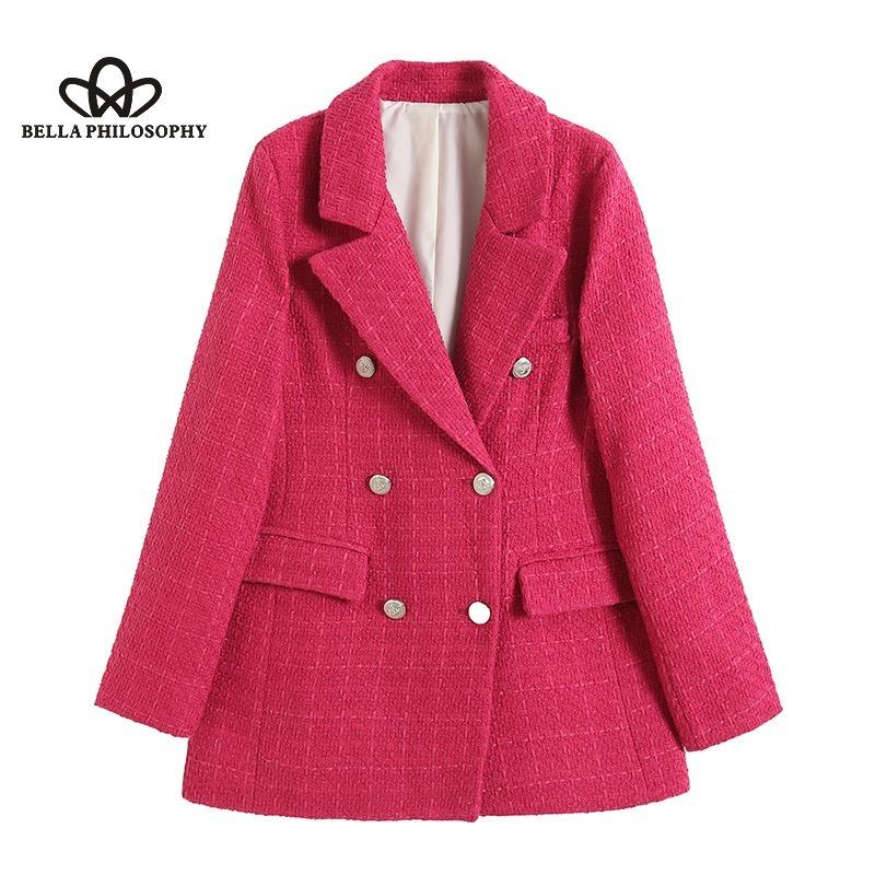 

Новый женский двубортный пиджак в европейско-американском стиле с четырехцветной текстурой, высококачественный дизайн, простой пиджак средней длины XL розовый