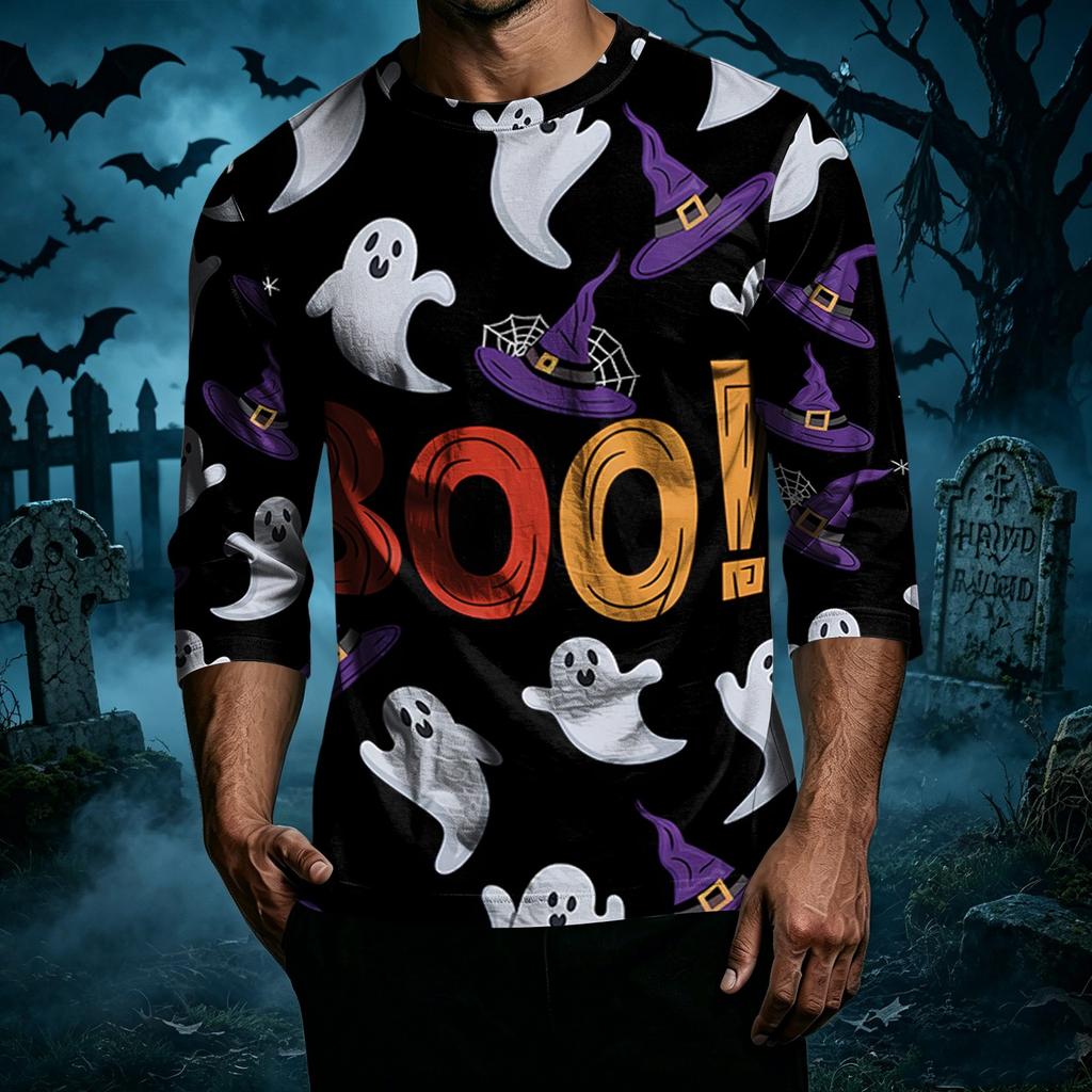 Men Casual Halloween Print Raglan Sleeve T Shirt Crew Neck Three Quarter Sleeve Top Lightweight Comfortable Fit