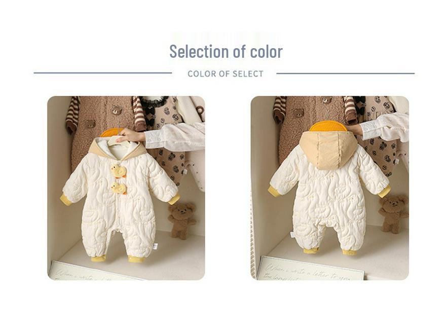Cozy Fleece-Lined Winter Hooded Romper for Baby Boys & Girls - Thick Outdoor Wear for Infants