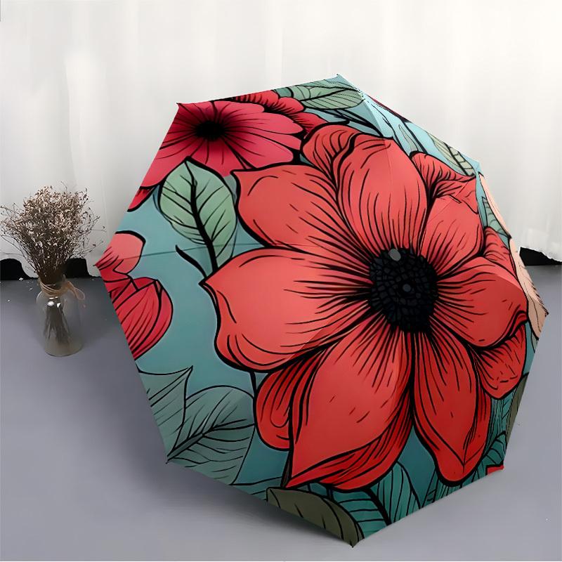 1pc Floral Pattern Automatic Open/close Folding Compact Umbrella, 8-Rib Sturdy Canopy, Lightweight Portable, Everyday Use, Gift, Outdoor Umbrella, Tra