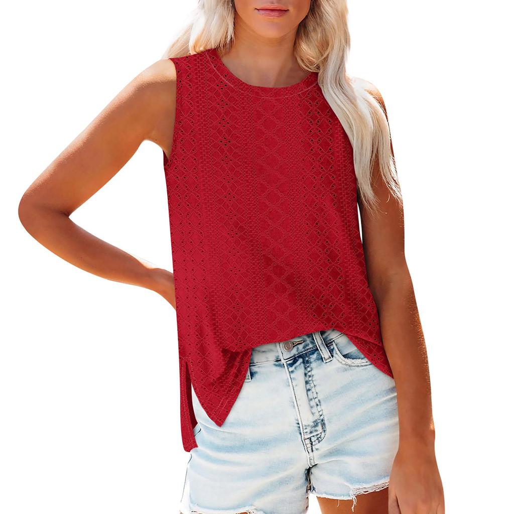 Women's Fashion Round Neck Sleeveless Slit Tank Top Solid Color Casual Top